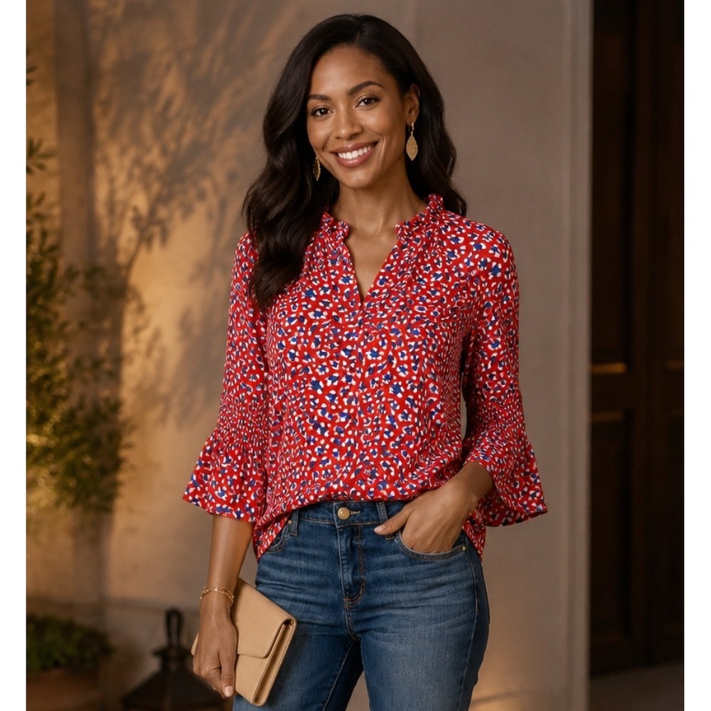 Jade Melody Tam Red & White Ruffle Neck 3/4 Cinched Bell Sleeve Blouse XS NWT
